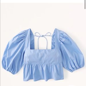 Abercrombie Puff Sleeve Poplin Squareneck Top Blue L NWT